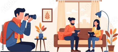 A photographer captures a domestic scene with two people reading