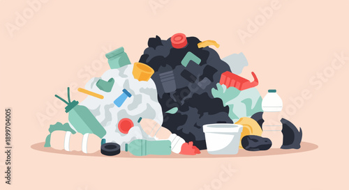 A pile of assorted trash, plastic bottles, and containers on a light pink background