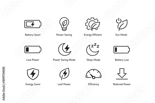 Energy and power efficiency icons featuring battery, leaf, and gear symbols