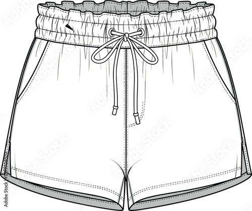 Women casual drawstring shorts outline illustration, summer fashion clothing line art design, comfortable sporty apparel vector isolated graphic