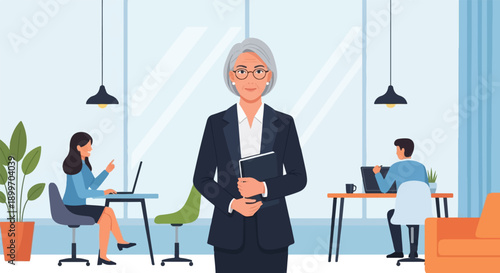 A confident woman leads office, while others work