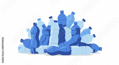 A pile of blue plastic water bottles, varying shades of blue
