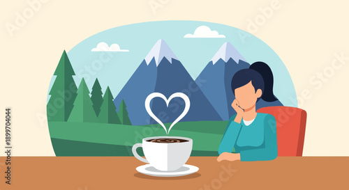 A contemplative moment with a steaming cup of coffee and a scenic mountain backdrop