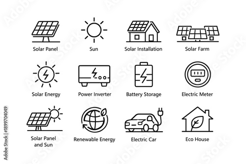 Solar energy icons set featuring solar panel, battery storage, and electric car