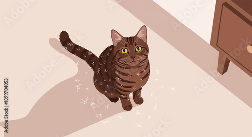 A curious tabby cat with bright yellow eyes sits on a floor surrounded by light-colored fluff