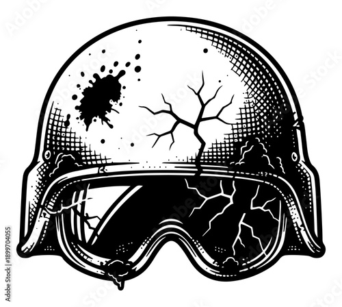 Hand drawn tactical helmet with goggles featuring cracks and ink splatter in vintage engraving style