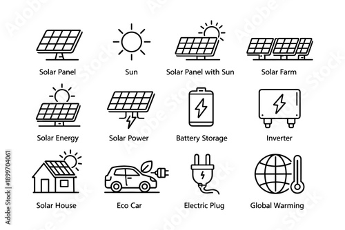 Renewable energy icons set featuring solar panels and electric car charging