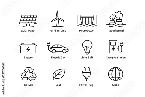 Renewable energy icons: solar, wind, hydro, geothermal, electric vehicles, recycling