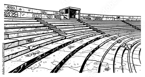Wide angle perspective of concrete amphitheater stairs with urban graffiti in hand drawn ink style