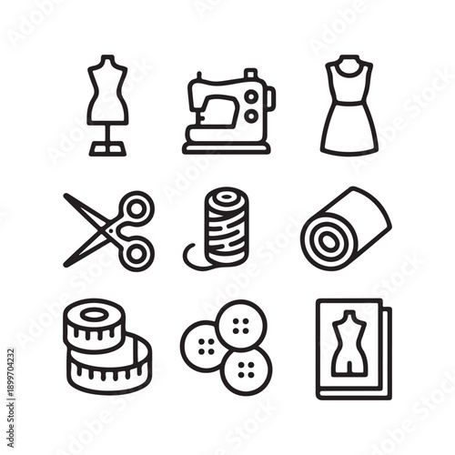 Sewing dress form scissors sewing machine fabric buttons thread tape measure tailor
