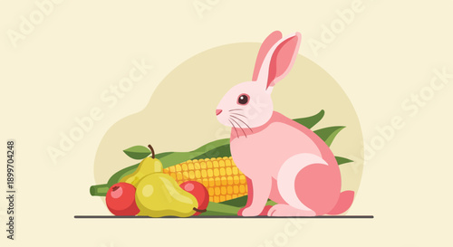 A pink rabbit sits with a harvest of apples, pears, and corn