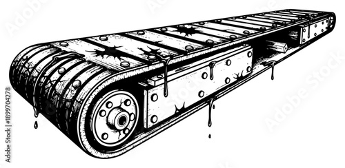 Industrial conveyor belt machinery with dripping liquid and stylized details in hand drawn black and white vector