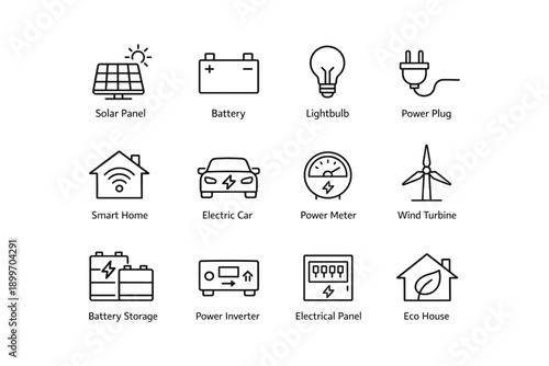 Energy solutions icons: solar, battery, lightbulb, electric car, wind turbine, smart home