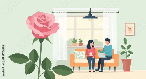 A pink rose blooms in foreground of a domestic scene with two people chatting