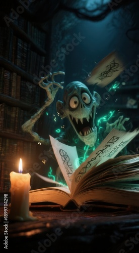 Zombie reading spooky book in dark library