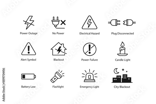 Electrical icons: power outage, blackout, battery low, alert symbols