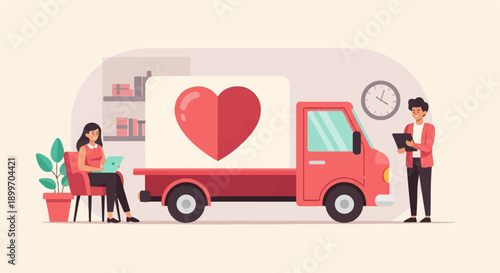 A red truck with a heart symbol is shown, with a woman and man observing