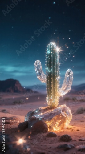 Magical glowing cactus in desert landscape at night