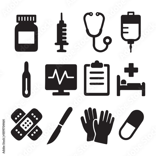 Medical healthcare including stethoscope syringe pill bottle and medical cross hospital bed