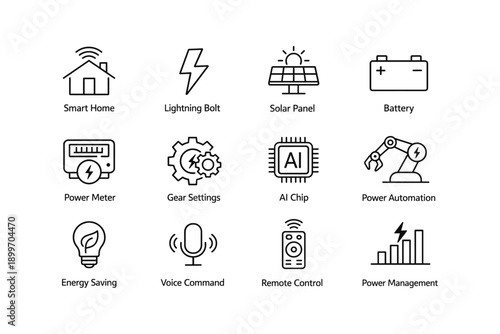 Icon set for smart home and energy solutions: ai chip, solar panel, automation, remote control