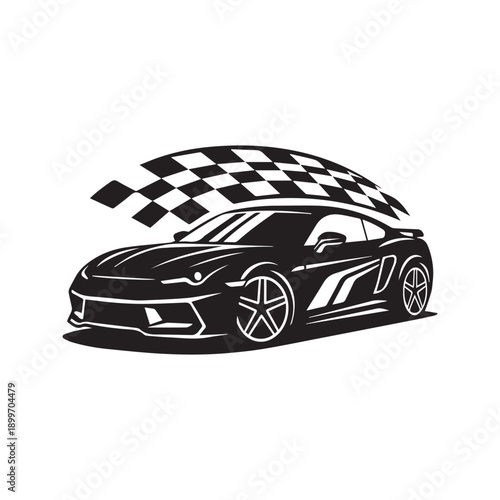 Sports car racing silhouette with checkered flag vector illustration

