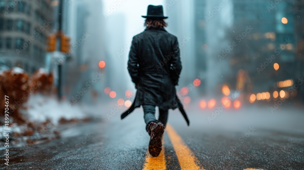 Fototapeta premium A mysterious silhouette of a person dressed in dark clothes walking through a fog-filled urban street, creating a deep atmosphere of intrigue and solitude.