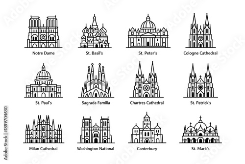 Iconic cathedrals and churches: notre dame, st. basil's, st. peter's, cologne, sagrada familia, chartres, st. patrick's