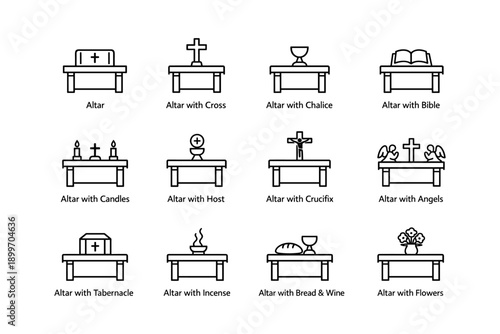 Icons of religious altars: cross, chalice, bible, candles, host, crucifix, angels, tabernacle, incense, bread, wine, flowers
