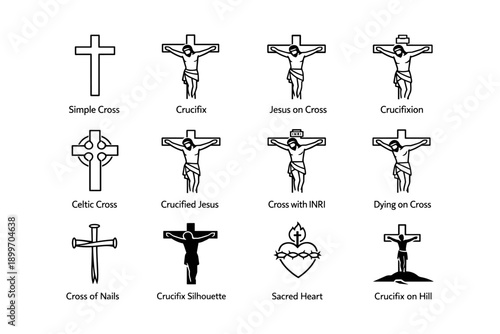 Icons of crucifixion and cross variants depicting jesus and religious symbols