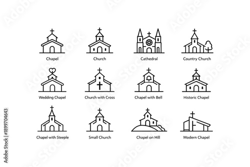 Variety of church icons: chapel, cathedral, small church, historic chapel, wedding chapel designs