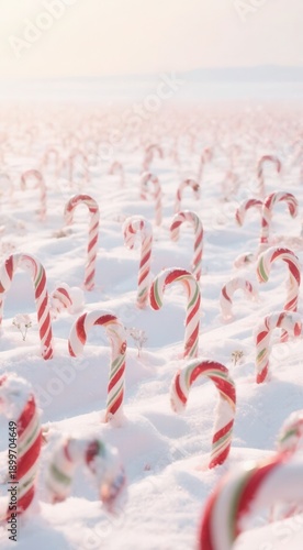 Candy canes in snowy landscape winter sunrise