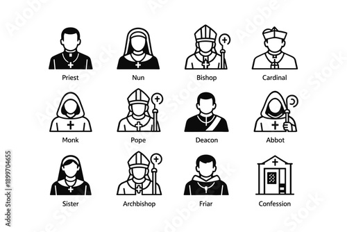 Clerical roles icons: priest, nun, bishop, cardinal, deacon, abbot, confession
