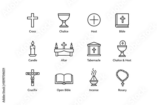 Catholic symbols: cross, chalice, host, bible, candle, altar, tabernacle, crucifix, rosary