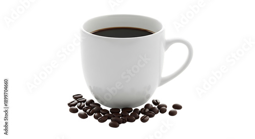 White mug of black coffee surrounded by roasted coffee beans at the base isolated on transparent background drink beverage caffeine morning hot aroma energy dark brew espresso americano fresh tasty