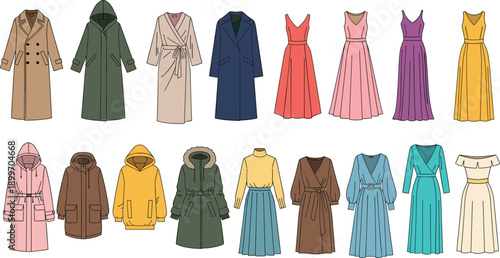 Women coats hoodies and dresses fashion collection illustration, seasonal clothing apparel vector set isolated on white background textile design