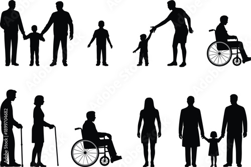 Diverse People Silhouettes Including Family and Disabled Individuals illustration