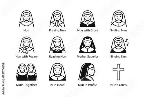 Various nun icons: praying, singing, reading with rosary, and cross