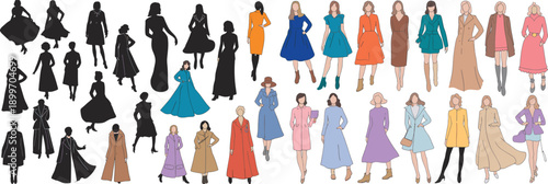 Women fashion outfit collection illustration, dress coat clothing style vector set with silhouette and color figures isolated white background