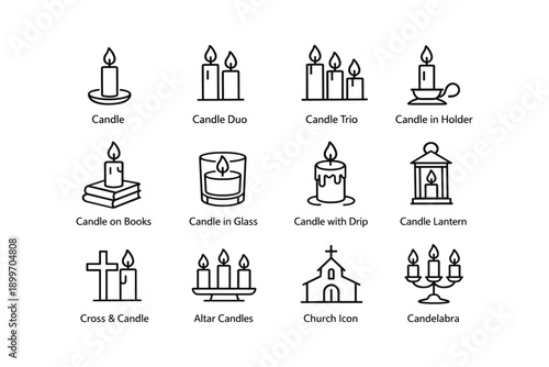 Various candle icons: single, duo, trio, holder, books, glass, drip, lantern, cross, altar, church, candelabra
