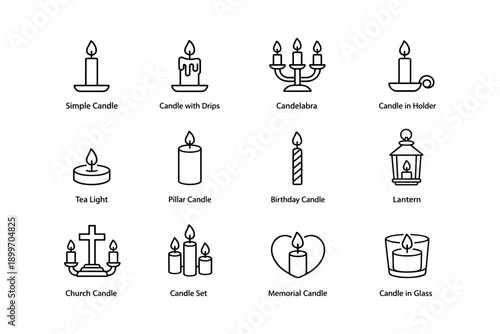 Various candle types: simple, drip, candelabra, holder, tea light, pillar, birthday, lantern, church, memorial, glass