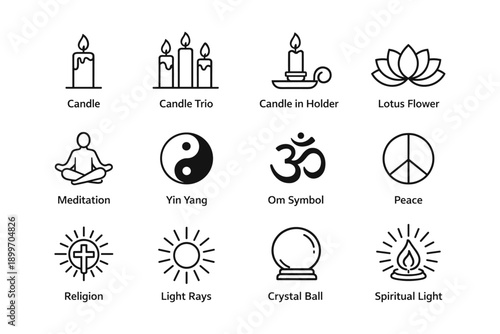 Spiritual symbol icons including candle, lotus, meditation, and peace sign for tranquility and harmony