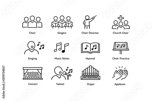 Choral music symbols: choir, director, hymnal, concert, performance icons