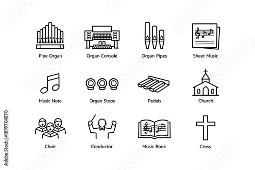 Musical elements collection: pipe organ, sheet music, choir, and conducting symbols