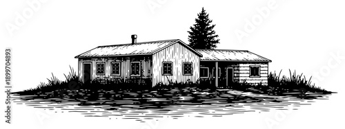 Vintage hand drawn woodcut illustration of a rustic wooden cabin and pine tree in a field