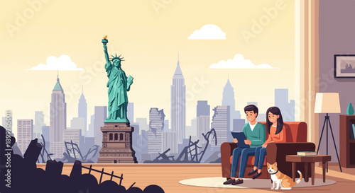A couple and dog relax indoors with city skyline and Statue of Liberty