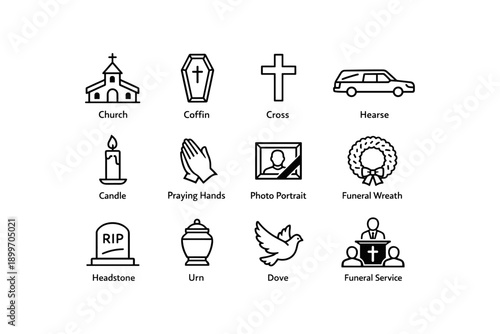 Funeral symbols: church, coffin, cross, hearse, candle, praying hands, portrait, wreath, headstone, urn, dove, service