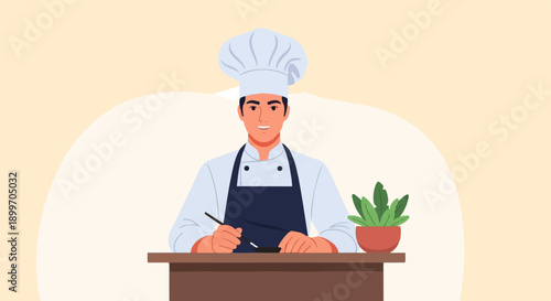 Chef in uniform tasting food with a spoon, standing at a table