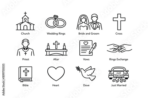Wedding icons: church, rings, bride and groom, cross, priest, altar, vows, dove, just married