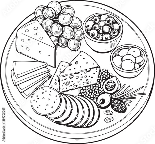 Board of Tapas with Variety of Cheeses, Olives, Grapes, Cure Meats, Crackers Hand-drawn Sketch Drawing Vector Illustration, Line Linear Symbol Engraving for Coloring Book, Black and White, Isolated