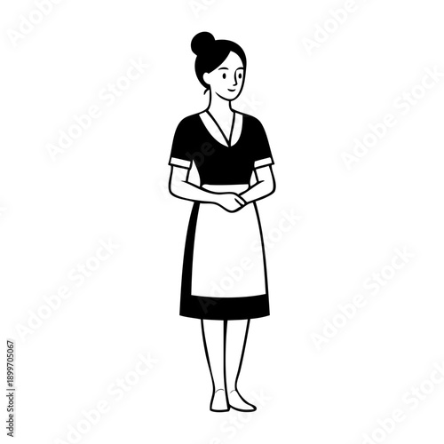 Dibujo con líneas de una mujer con uniforme de camarera 